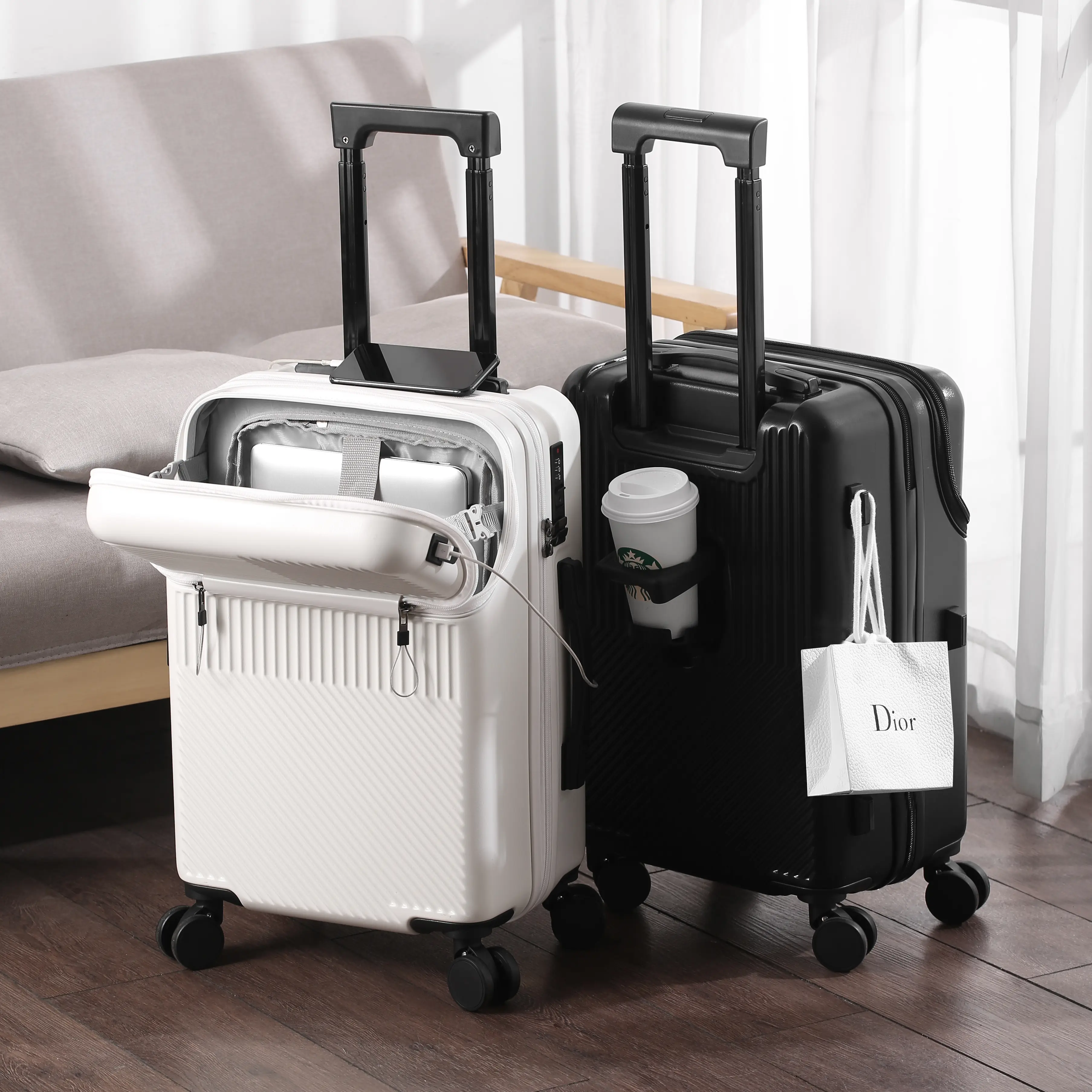 Carry On Luggage with Front Opening Laptop Compartment, Hard Shell PC Suitcase with USB Port, Cup Holder, Silent 360° Wheels, TSA Lock