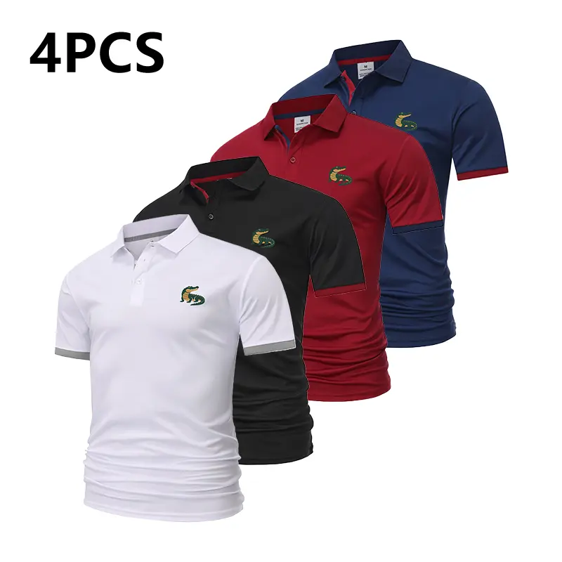 4-pack men’s new short-sleeve polo shirts featuring crocodile print at the chest and color-block sleeves, made from soft fabric. Breathable polo/golf shirts for outdoor casual and business wear; suitable for vacations and professional occasions—an everyda
