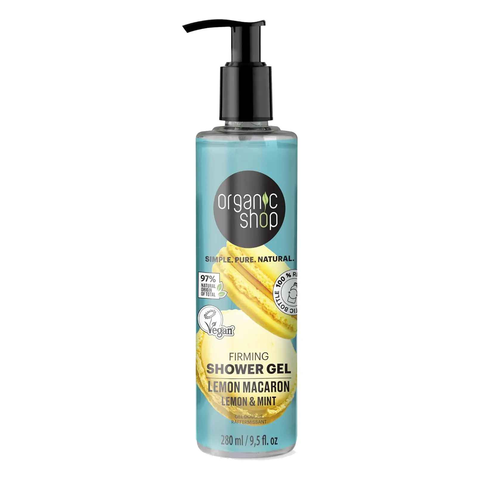 Organic Shop Lemon Macaron & Mint Body Wash, Skin Firming Shower Gel, 100% Vegan & Organic, Deep Moisturizing Skin Cleanser, Nourishing Body Wash. 9.5 Fl Oz