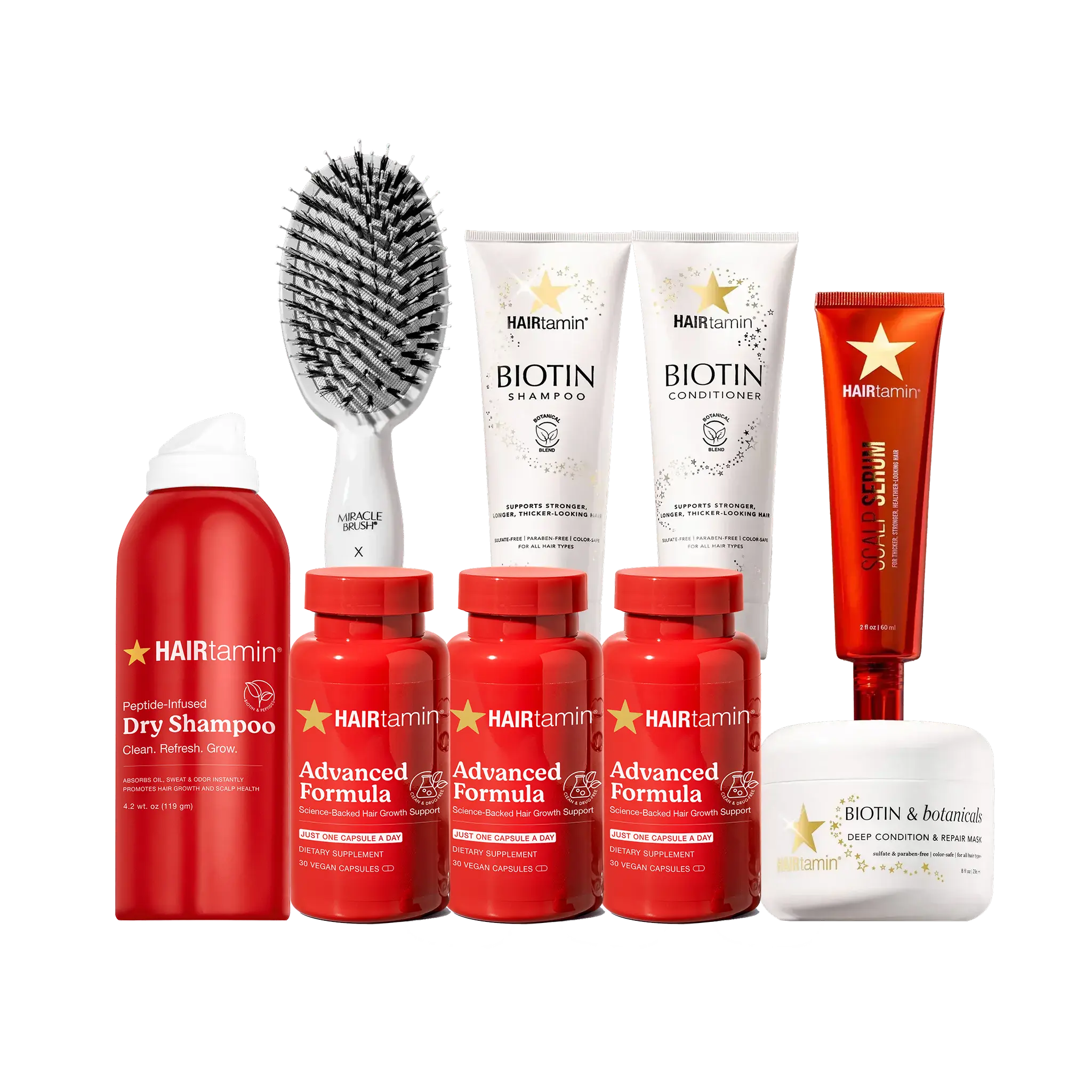 HAIRtamin Hair Growth System - 3 Month Advanced Formula with Biotin Shampoo, Conditioner, Hair Mask, Dry Shampoo, Miracle Brush, Scalp Serum - TikTok Shop Exclusive