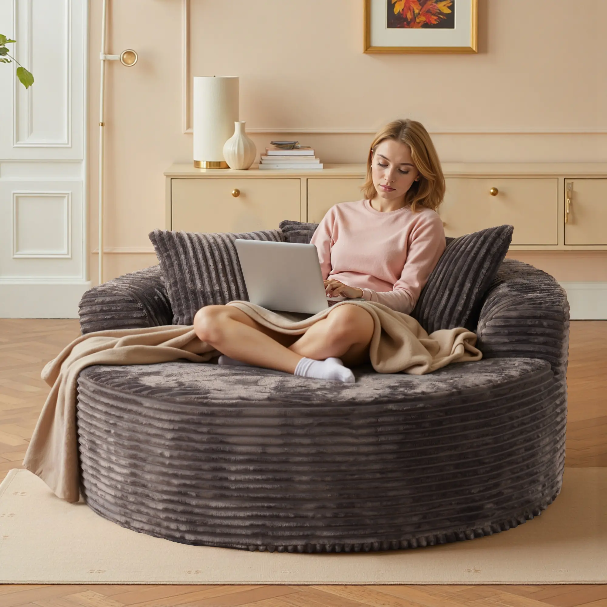 WEAXTY Modern Large Round Chaise Lounge Sofa Plush Corduroy Sponge Filled Circular Couch Oversized Sleeper Bean Bag for Living Room Comfortable Stylish