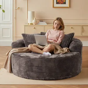WEAXTY Modern Large Round Chaise Lounge Sofa Plush Corduroy Sponge Filled Circular Couch Oversized Sleeper Bean Bag for Living Room Comfortable Stylish