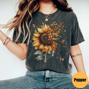 Custom Comfort Sunflower Butterfly Shirt – Floral Design T-Shirt with Butterflies, Perfect Gift for Moms and Flower Lovers
