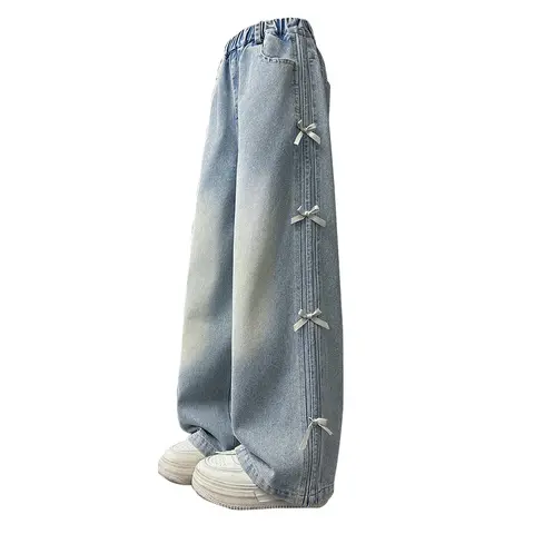Girls' Fashion Cute Wide-Leg Full-Length Denim Jeans - 3-14 Years Kids Bottoms, Fitted Cut, Street Sweet Style, Comfortable Fit for Casual, Semi-Formal Occasions