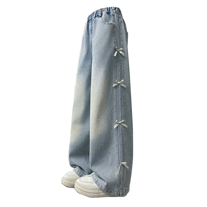 Girls' Fashion Cute Wide-Leg Full-Length Denim Jeans - 3-14 Years Kids Bottoms, Fitted Cut, Street Sweet Style, Comfortable Fit for Casual, Semi-Formal Occasions