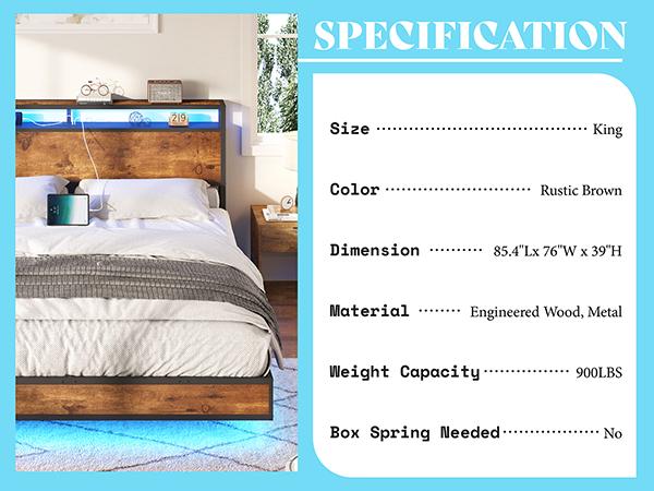 AMERLIFE Floating Bed Frame with 2-Tier Storage Headboard, Metal Bed Frame with Charging Station & LED Lights, No Box Spring Needed