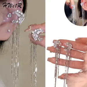 Fashion Elegant Shiny Zircon Moon Star Long Tassel Ear Clip No Piercing Earring Trendy Female Ear Cuff Party Jewelry