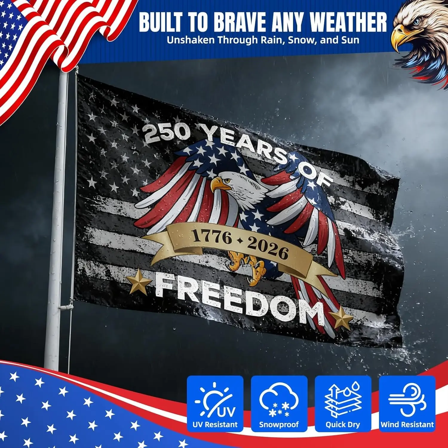 250th Anniversary American Independence Day Eagle Flag, 3x5ft Polyester Outdoor Banner, Windproof Waterproof Fast-Dry, Festival Decor
