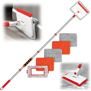 Baseboard Cleaner Tool with Handle, 56 inches Base Boards Cleaning Mop , 1 Stiff Bristles Brush, 2 Chenille and 2 Microfiber Pads, Wall Duster for Floorboard Ceiling Window Tile