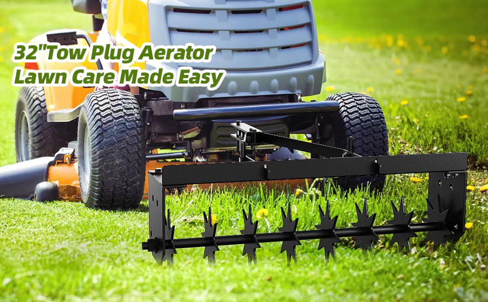GARVEE Tow Behind Spike Aerator, 32 Inch Tow Behind Aerators with Durable Steel Tines Lawn Soil Penetrator with Extra-Wide Tow Bar for Lawn, Farm, Planting
