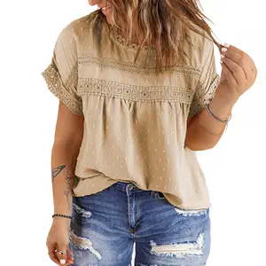 Eytino Women Plus Size Tops Crewneck Short Sleeve Lace Crochet Loose Casual Summer Blouses Shirts(1X-5X)