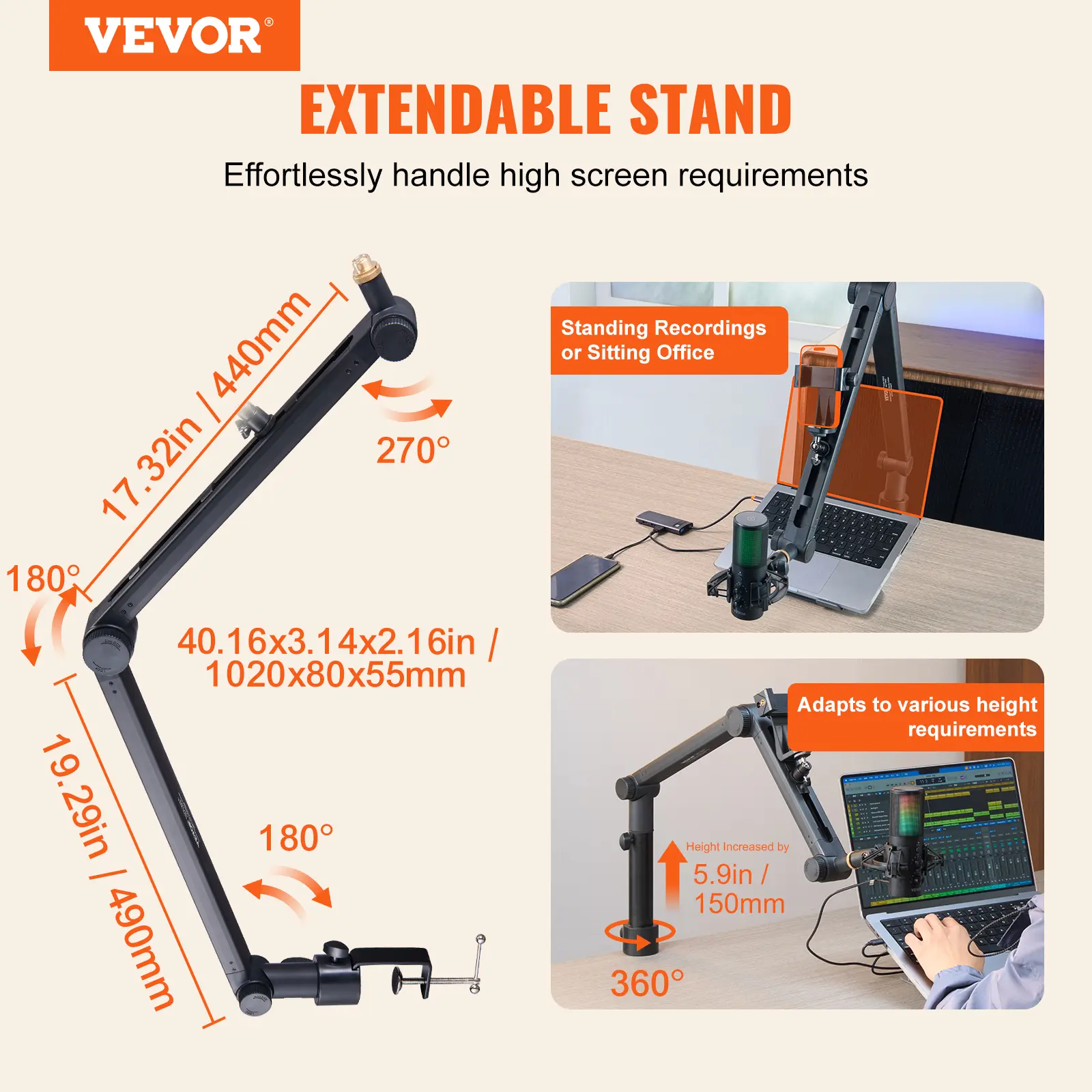 【summerfinds】VEVOR Microphone Boom Arm with Desk Mount, 360° Rotatable, Adjustable Mic Stand with 3/8" to 5/8" Adapter Port, for Recording Blue Yeti Hyperx Quadcast Blue Snowball Shure SM7B Audio Technica Accessories Alloy, Computer, Clip