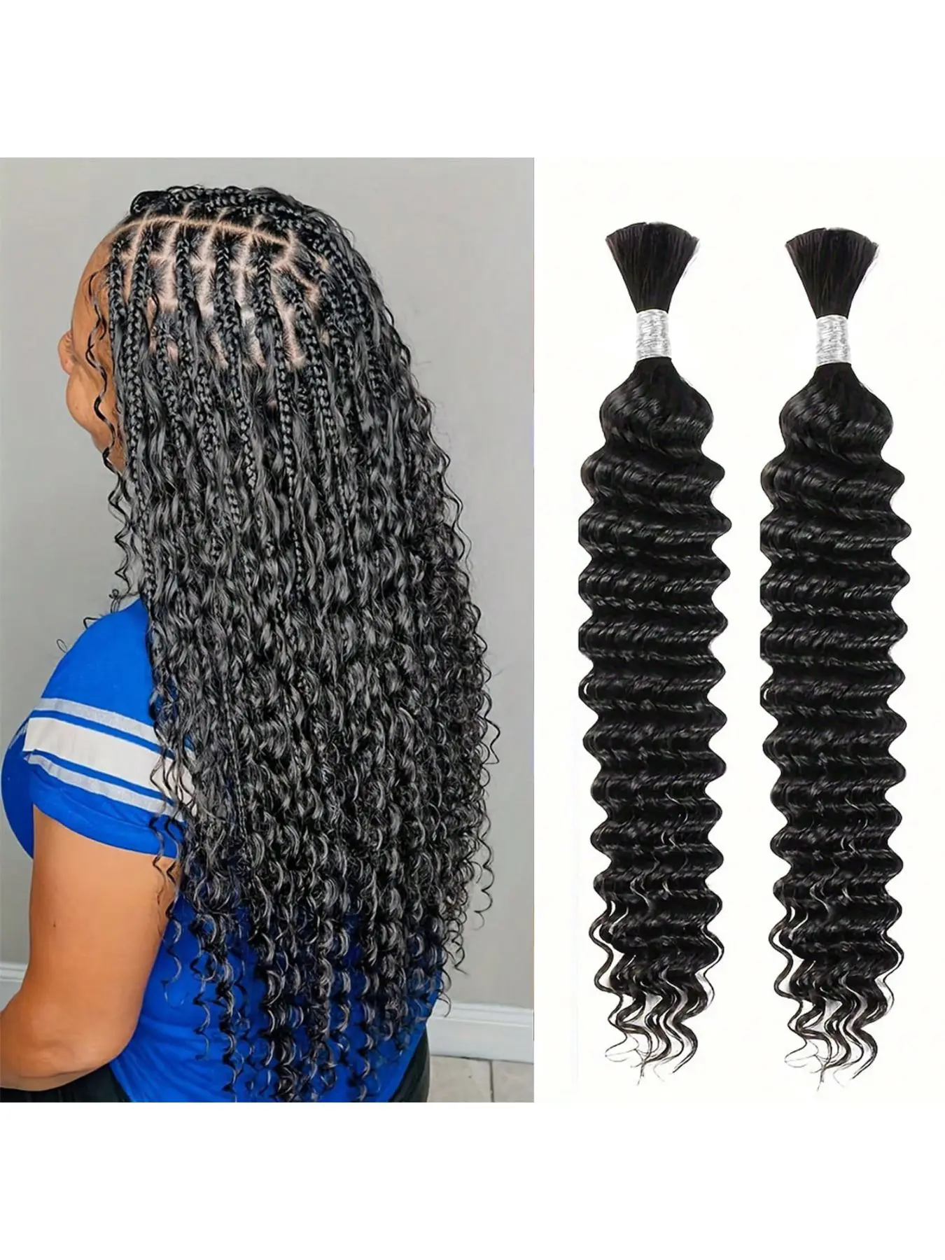 Human Braiding Hair 2 Bundles/Pack 100g Deep Wave Curly Bulk for Braiding No Weft Brazilian Virgin Human Hair Extensions for Boho Braids Knotless Box Braid Natural Color Wet and Wavy