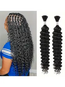 Human Braiding Hair 2 Bundles/Pack 100g Deep Wave Curly Bulk for Braiding No Weft Brazilian Virgin Human Hair Extensions for Boho Braids Box Braid Natural Color Wet and Wavy