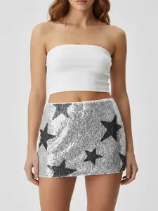 Y2K Retro Sexy Color Block Star Print Stretch Skirt. Low-Rise Micro Sequin Special Fabric Short Skirt. Street Style Fashion Niche Hot Girl Mini for Club Rave & Music Festival.