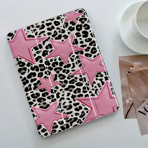 Creative and Fashionable Leopard Print and Pink Star Design Pattern Four-Corner Shockproof Tablet Case with Pen Slot and Foldable Design,Suitable for iPad Mini, Air, Pro 4,5,6,7(2017,2018,2019,2020,2021,2022,2023,2024,2025 models),and Samsung S6,7,8,9,10F