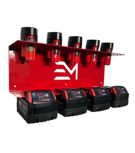 Milwaukee M18 & M12 Battery Holder Holds 5 M12 & 4 M18 Batteries Gloss Red Powder Coated Heavy Duty Steel USA Made Wall Mountable 16x4 Inches