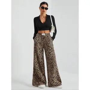 Women's Leopard Print Wide Leg Sweatpants, Casual Streetwear Pants, Casual Comfy Trousers for Daily Wear, Ladies Bottoms for Fall & Winter
