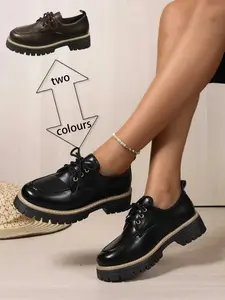 Women's Fashionable Solid Color Lace Up Loafers, Casual Comfortable Round Toe Office Shoes for Daily Wear, Lightweight Breathable Shoes for Women & Girls, Closed, Casual Business Shoes