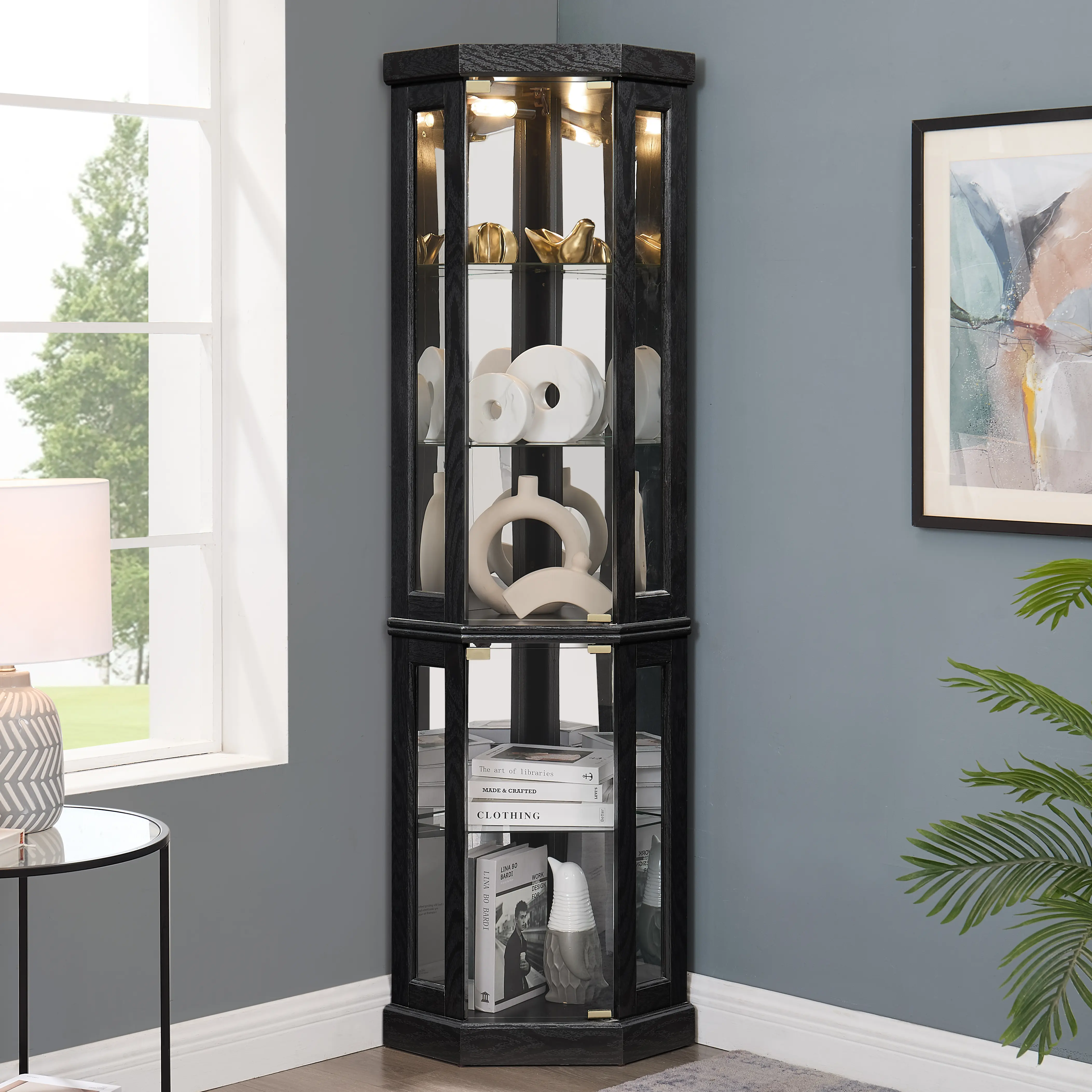Dufominc Lighted Corner Curio Cabinet - Glass-MDF Storage, Adjustable Shelves, Classic Finish, Side-Hung Glass Doors, Mirrored Backs, 69.84" h x15.31" w x15.31" d, Assembly Required, Dark Oak/Antique White, Small Space Indoor Cupboard for Collectibles
