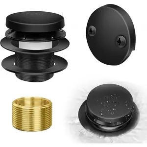 Tip- Bathtub Drain Kit with Two-Hole Overflow Plate,  Bath Tub Drain Replacement, Universal Fine/Coarse Thread Bathtub Stopper (Matte Black)