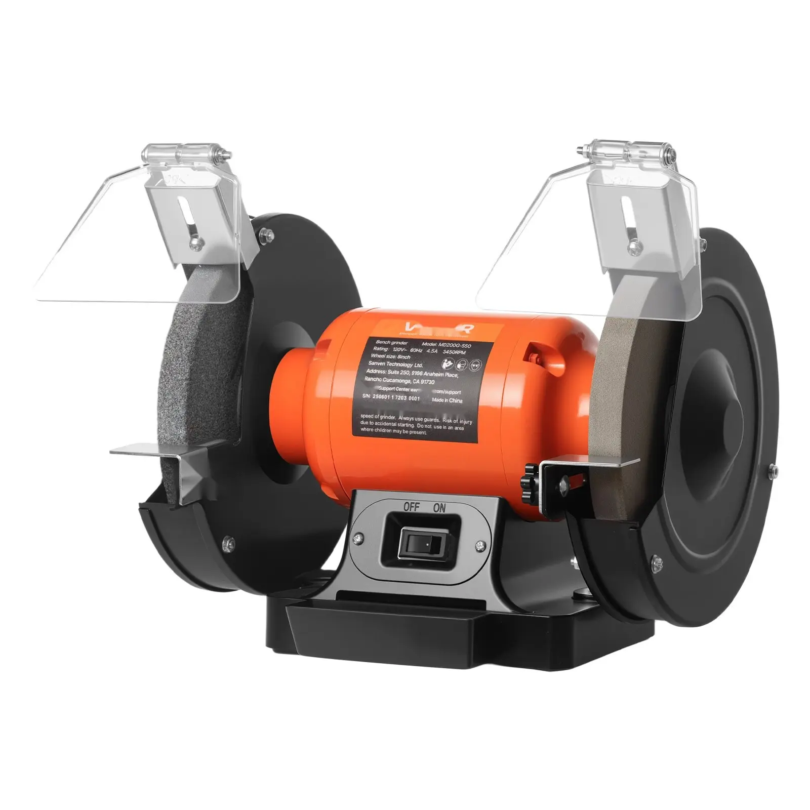 8-Inch Bench Grinder With 550W Motor And 3450 RPM High-Speed Performance For Metalworking, Home Shop And DIY Projects; Durable Cast Iron Base, Adjustable Tool Rests, Wheel Guards, Quiet Operation, And Easy Dust Collection