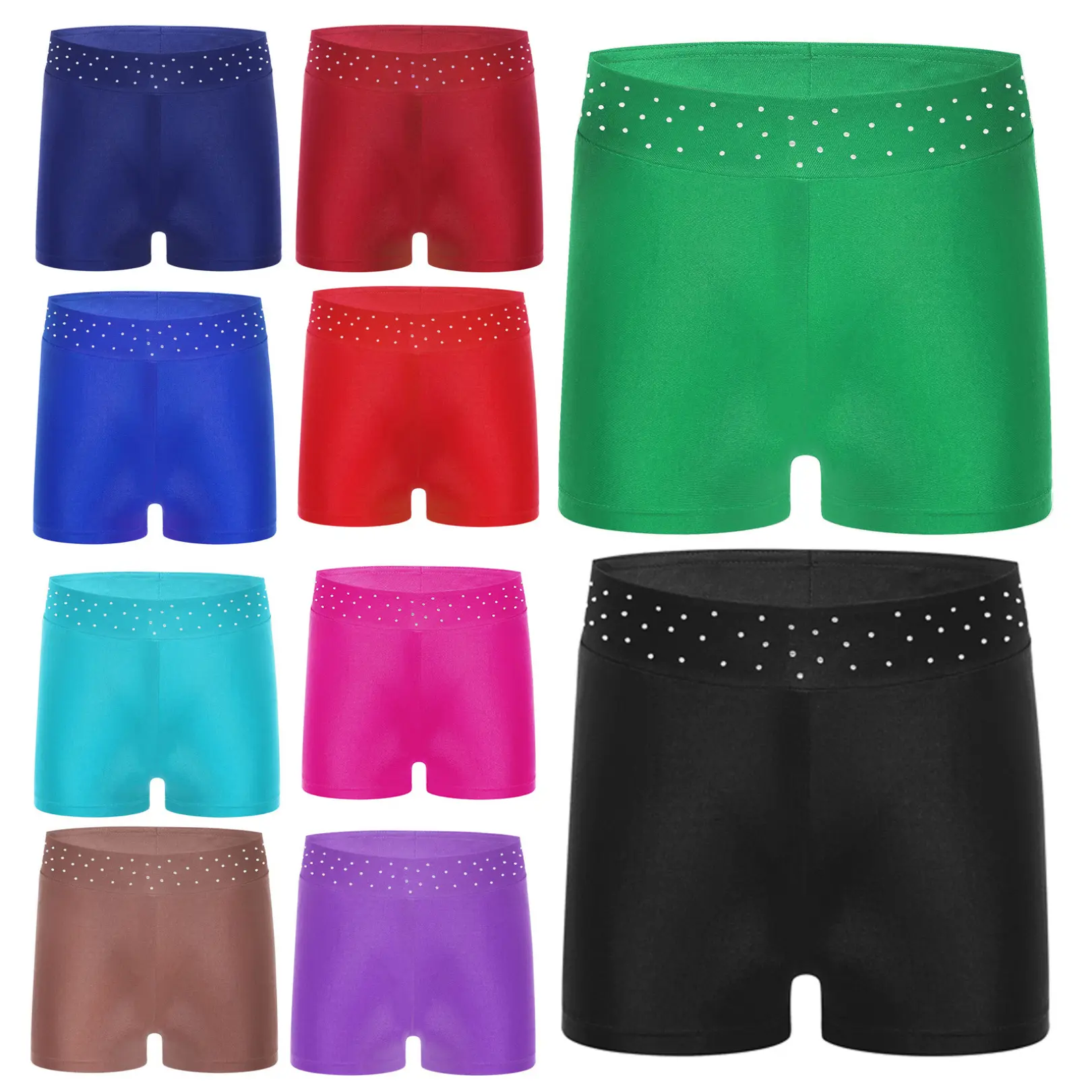 easyforever Girls' Fashionable Dance Shorts with Shiny Rhinestones, Breathable 15% Spandex for Kids' Gymnastics, Comfortable All-Day Wear, Cheerleading, Leotard, Elastic Waist Shorts, Shorts Set