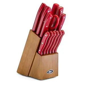 Oster Evansville 14 piece Stainless Steel Cutlery Set with Red Plastic Handle and Black Rubber Wood