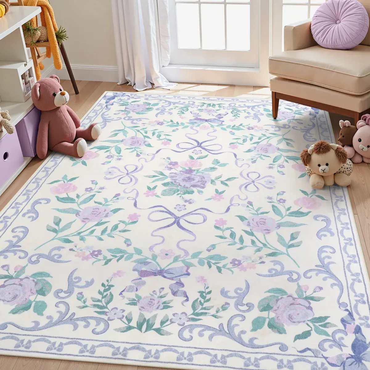 French Lavender Floral Area Rug Indoor Carpet for Living Room and Bedroom, Plush Anti-Slip Soft Mat, Child and Pet Friendly, and Foldable, Floral Washable Rug, Living Room Rugs