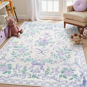 French Lavender Floral Area Rug Indoor Carpet for Living Room and Bedroom, Plush Anti-Slip Soft Mat, Child and Pet Friendly, and Foldable