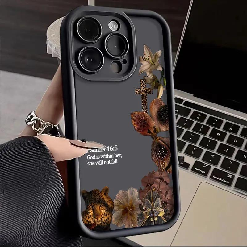 Aesthetic Leopard Print Bible Verse Phone Case for iPhone 17 Pro Max Air 16 15 Plus 14 13 12 11 with Wrist Strap Lanyard Psalms 46 5 Christian Religious Faith Gift Shockproof Protective Case