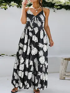 Loose Pineapple Print Maxi Dress, Spaghetti Strap, V Neck, Smocked Waist, Tiered Ruffle Hem, Casual Vacation Outfits, Non-Fitted Silhouette