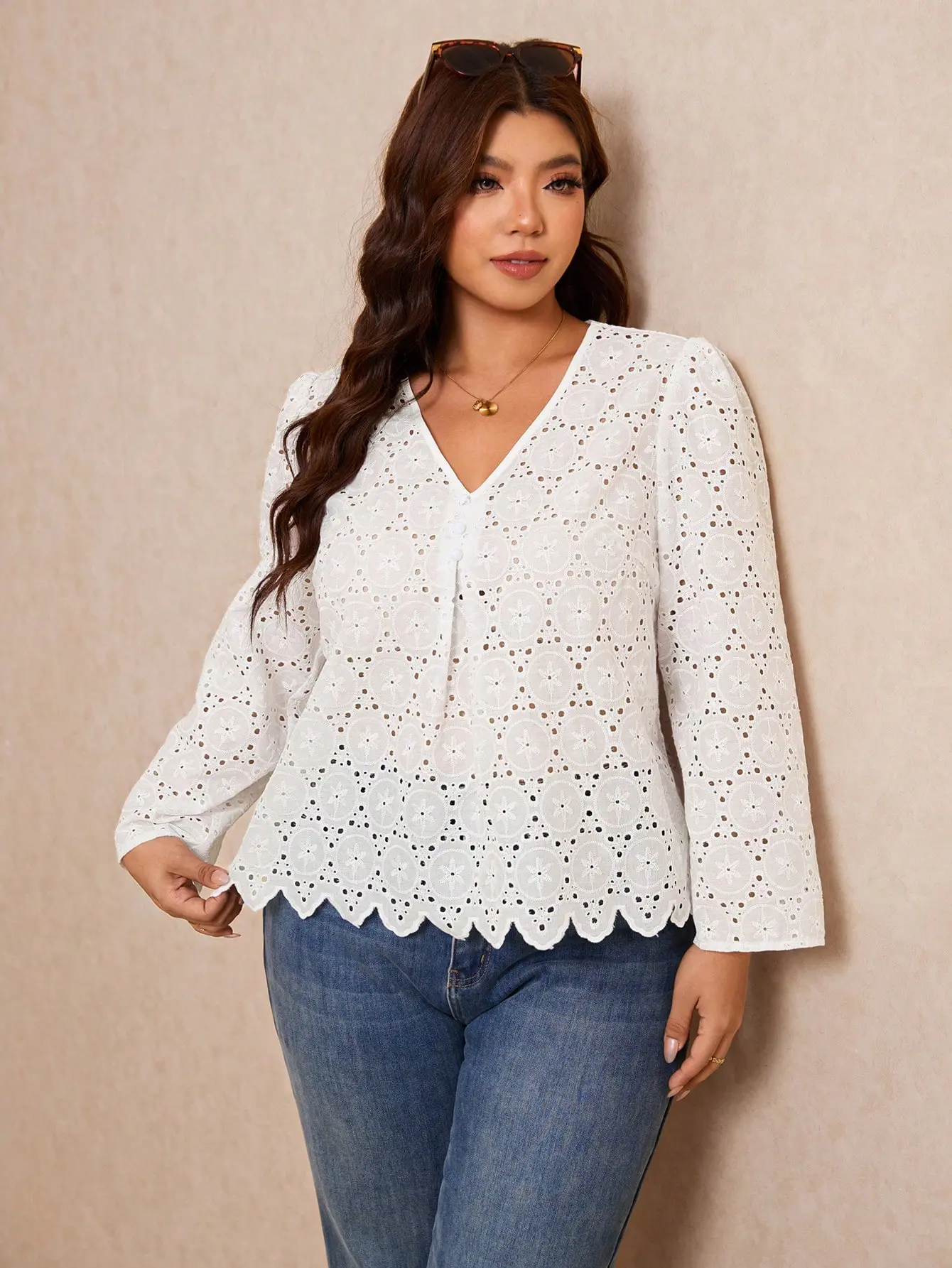 LALUZ Plus Size Hollow Embroidery V-Neck Long Sleeve Loose Blouse Elegant Workwear Office Top Fall Winter Casual