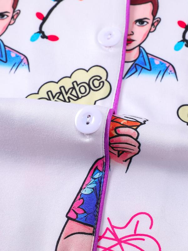 2-Piece 80s Retro Character Print Pajama Set Loungewear - Retro TV Series Themed Short-Sleeve Pants (Button-Up Collar + Elastic Waist) - Suitable for Adults at Home / TV Binge-Watching