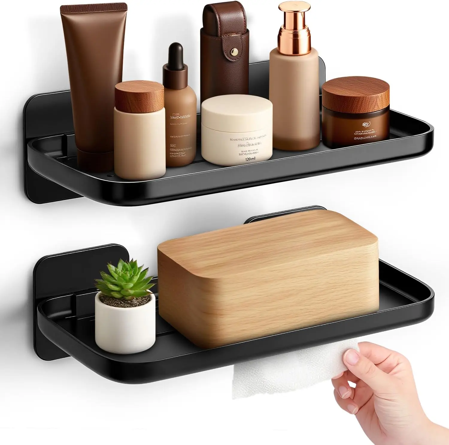 Adhesive Shelves 2pc Wall Mounted Floating Shelf, Self Adhesive Small Shelf, No Drill Shelves for Wall, Floating Shelves Damage-Free Expand Walls Space for Living Room Kitchen Bathroom (Black)