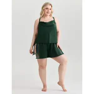 BLOOMCHIC Women's Plus Size Cowl Neck Smooth Fabric 2-Piece Nightwear Set, Spandex Material, Lace Trim, Patchwork Tops, Styled Sleeves, Matching Bottoms, 2026 Summer Pick for Lady Mothers 2026 Summer Vibes Swimweek