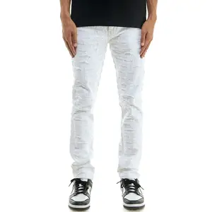 Men’s White Textured ripped and Stacked Jeans – Slim Fit Streetwear Denim