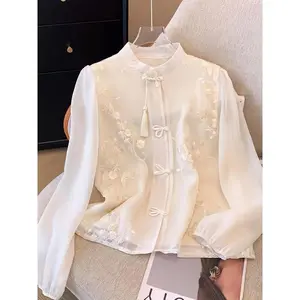 Floral Embroidered Button-Front Blouse - Vintage Long Sleeve, Soft Fabric - For Spring & Fall - Women's Clothing - Perfect Gift for Fashionable Women