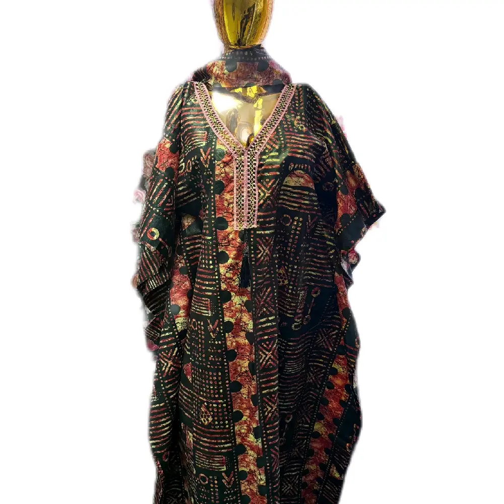 Kampala Bubu Kaftan Dress with Head Wrap - Vibrant Multicolor Patterned African Style Clothing for Women