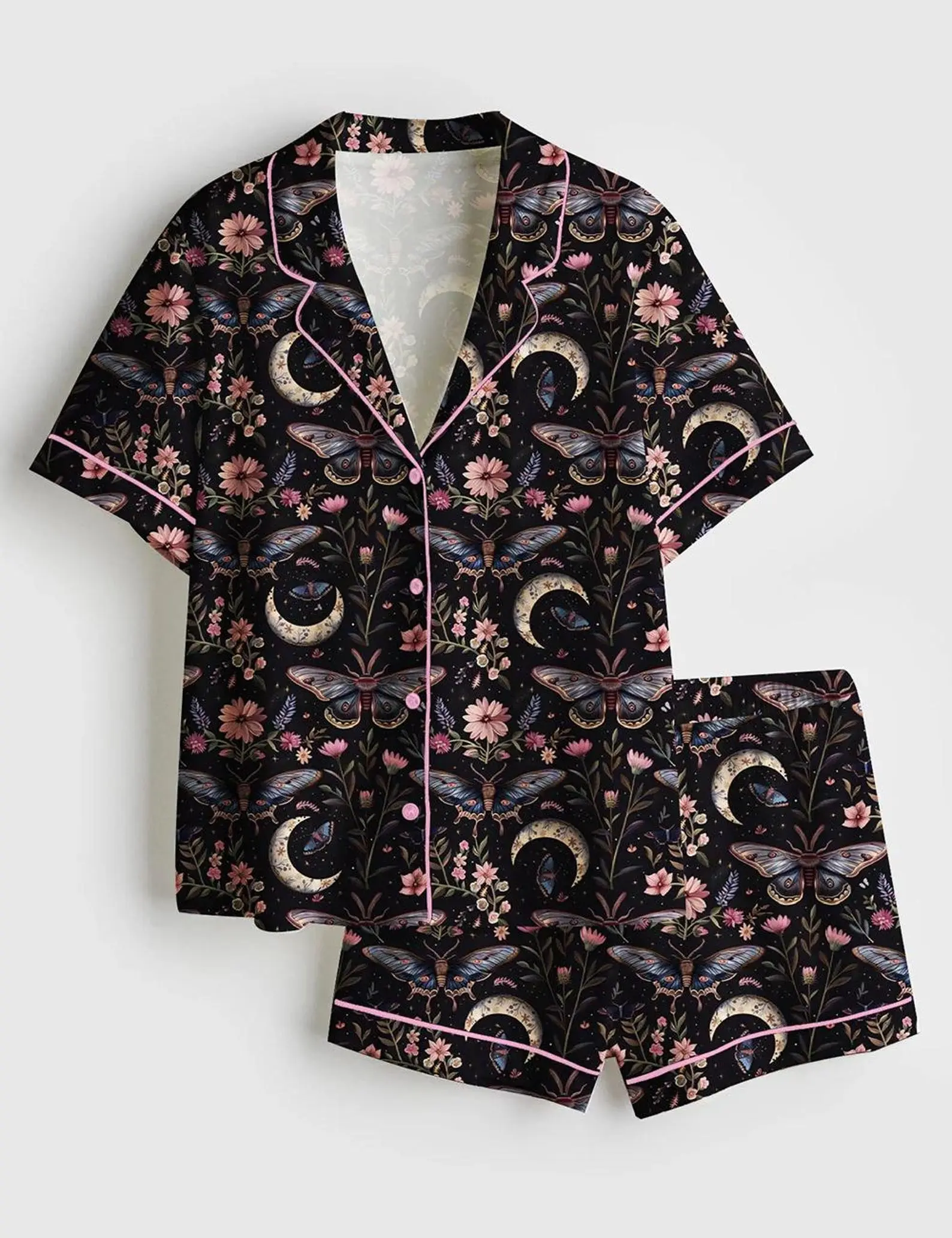 Silky Satin Pajama Set, 2-Piece Witchy Moth & Floral Design with Lapel Collar Top and Elastic Waist Bottom, Breathable, Fabric