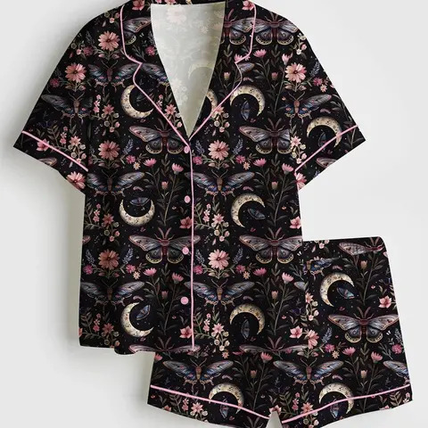 Women's Witchy Moth & Floral Print Woven Polyester 2-Piece Pajama Set - Lightweight Short-Sleeve Style, Elastic Waist, Long Pants, Side Pockets, Drawstring Detail, True-to-Size US Fit, XS-3XL Sizes