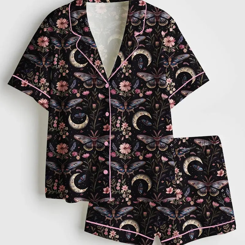 Women's Witchy Moth & Floral Print Woven Polyester 2-Piece Pajama Set - Lightweight Short-Sleeve Style, Elastic Waist, Long Pants, Side Pockets, Drawstring Detail, True-to-Size US Fit, XS-3XL Sizes