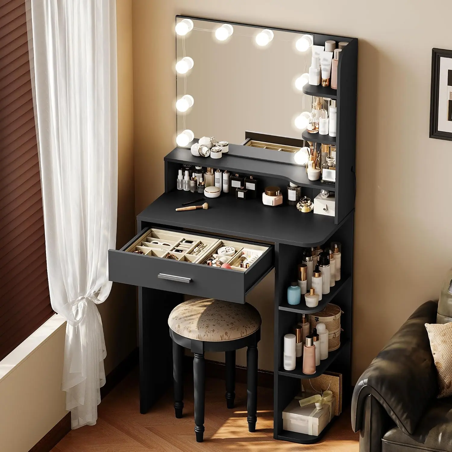 26.4''W Vanity Set with Stool, LED Makeup Mirror with 3 Color Lighting Modes, 6-Tier Shelves with Storage Drawer, Built-in Power Outlet & Hair Dryer Holder, Space Saver, Perfect for Bedrooms, Apartments, Ideal Gift Choice for girl deskmakeover