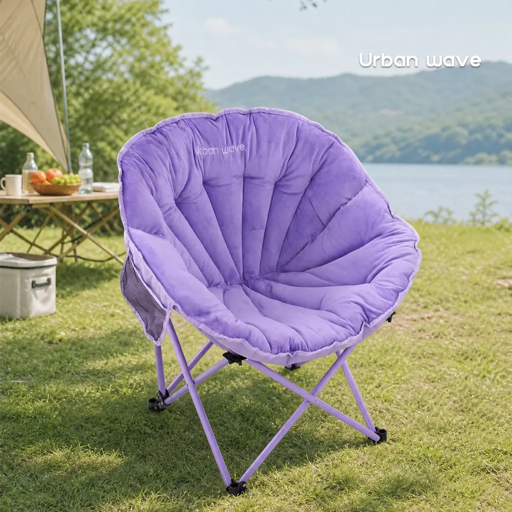 Collapsible Saucer Chair, Oversized Crystal Velvet Padded Moon Seat with 300 lb Capacity for Bedroom, Balcony & Camping, Watch Party, High Carbon Steel, Ergonomic, Folding Chairs, Space Saving Furniture, Cloud Cushion, Mesh Pockets, Outdoor Events, 250 –,