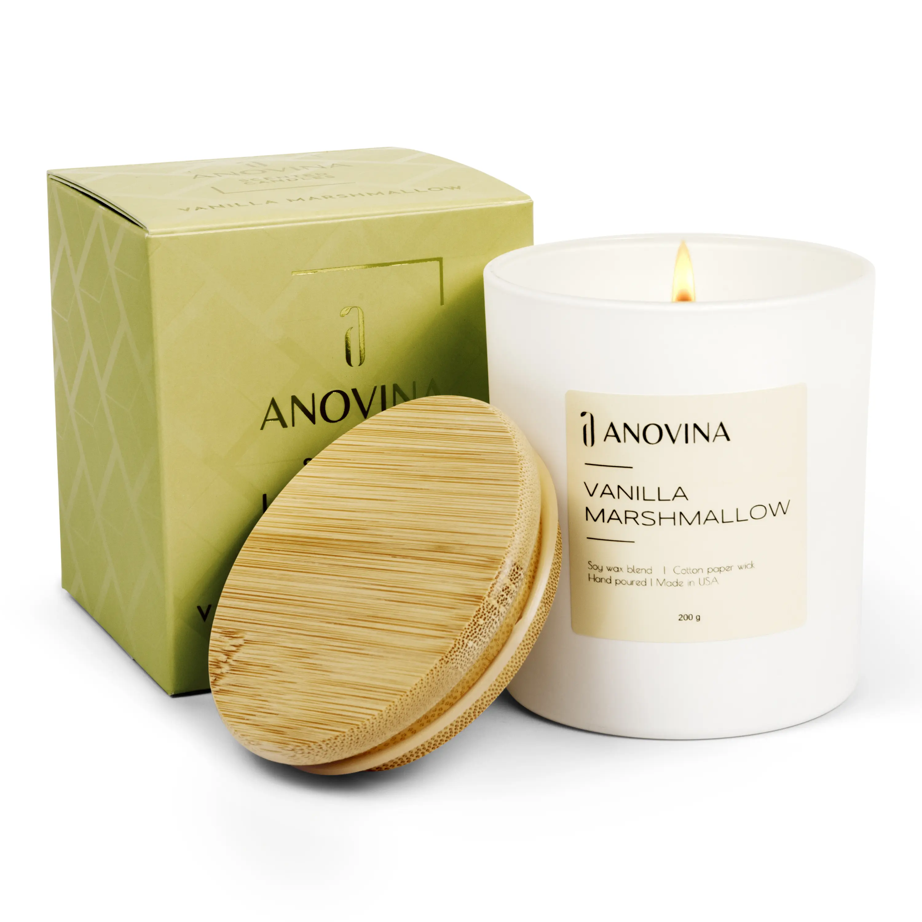 Anovina Vanilla Marshmallow Candle - Soy Wax Blend, Hand-Poured, Scented Jar with Bamboo Lid, Clean Burn, Long-Lasting, Made in USA, Gifts for men and women