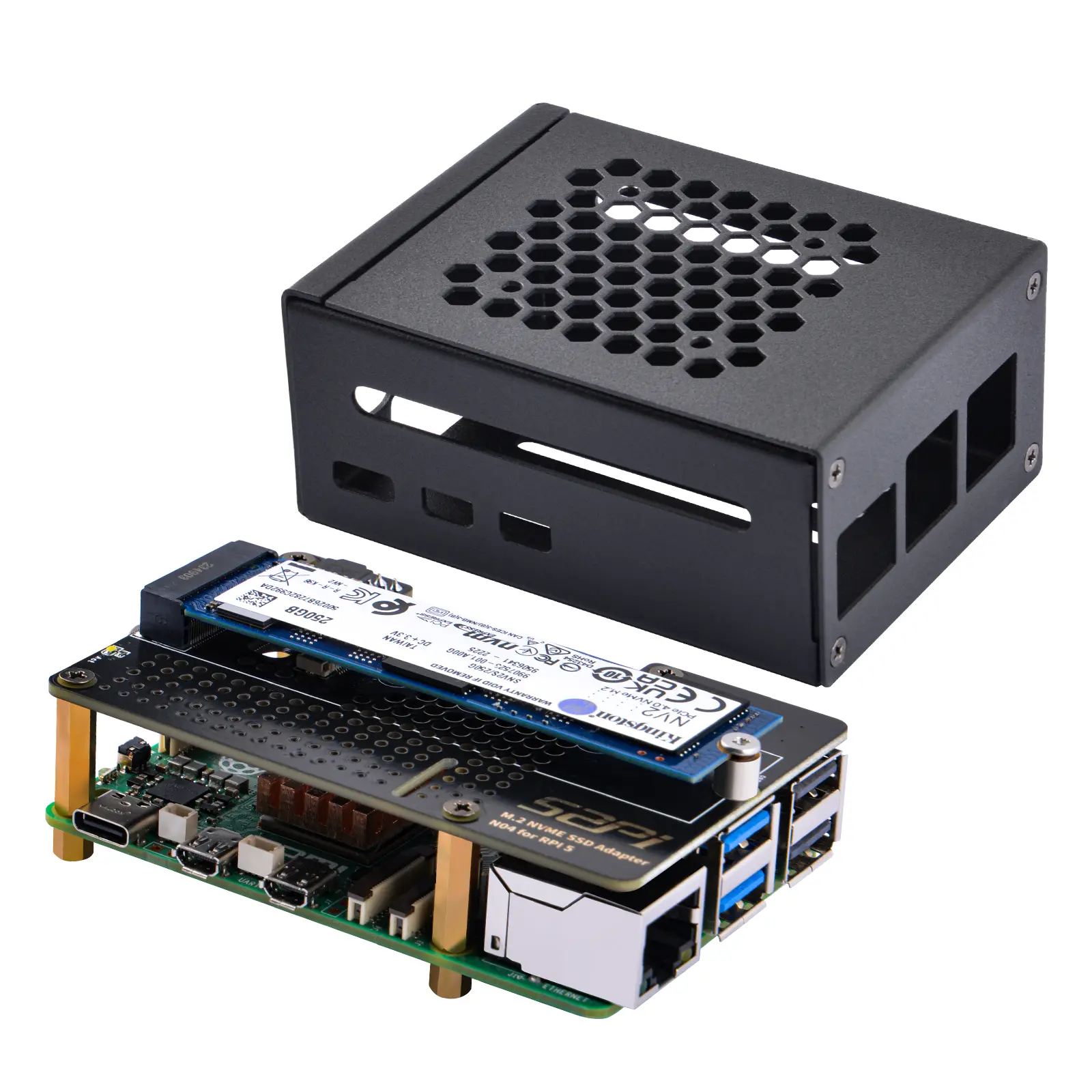 52Pi Metal Case for Raspberry Pi 5 - 1x N04 M.2 NVMe SSD Peripheral Board, M.2 NVMe to PCIe Adapter, 4x Copper Heatsinks, 1x FPC Cable, CNC Mounts, USB Ports, SD Card Slot, Ethernet, No Soldering Required, Nvme Support