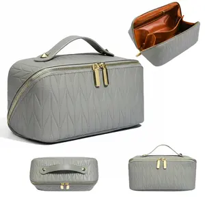 Premium PU Leather Cosmetic Organizer Bag Large Waterproof Makeup Pouch Travel Essentials Toiletry Bag for Women Portable Jewelry Case Minimalist Salon Grade Vanity Box Handheld Storage Pouch Perfect Girlfriend Gift