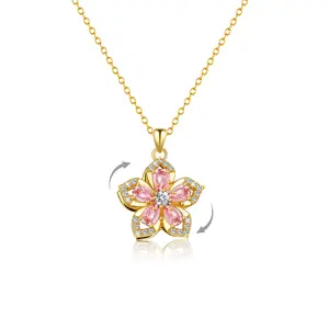[Spring Fashion] Flower Fidget Necklace 14k Gold-Plated Rotatable Bloom Pink Crystal Flower Necklaces for Women Anxiety Relief Fidget Jewelry Adjustable Cubic Zirconia Bloomn Pendant Floral Choker Jewelry Summer Gifts for Her