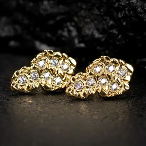 MaxBling81 14K Solid High-End Brass Iced Stud Earrings, Cubic Zirconia Golden Nugget Design, Luxury Fashion High Quality Jewelry for Men and Women, High Quality Earrings