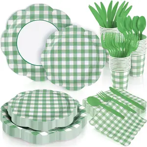 168Pcs Green Gingham Plates and Napkins Party Supplies,Scalloped Checkered Disposable Paper Plates Set with Napkins Cups Plastic Cutlery for Birthday Wedding Baby Shower Spring Party Supplies